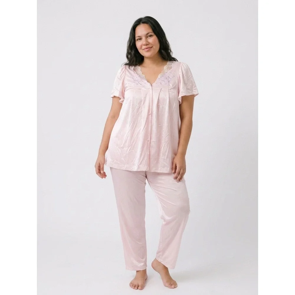 Vintage Vanity Fair Pink Nylon Pajama Set Embroidered Lace Made in USA Large